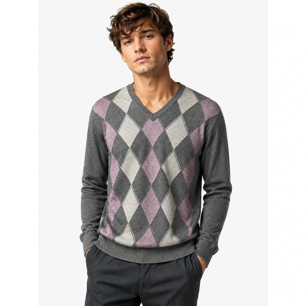 Banana Republic Y2K Silk Cashmere Argyle Sweater Men L Grey Preppy Academia